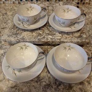 4 Footed Cups & 4 Saucers Set Bamboo Garden